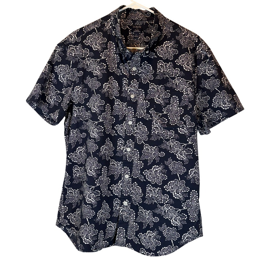 J.Crew Flex Washed Mens Floral Print Short Sleeve Shirt sz L Stretch GrungeStyle